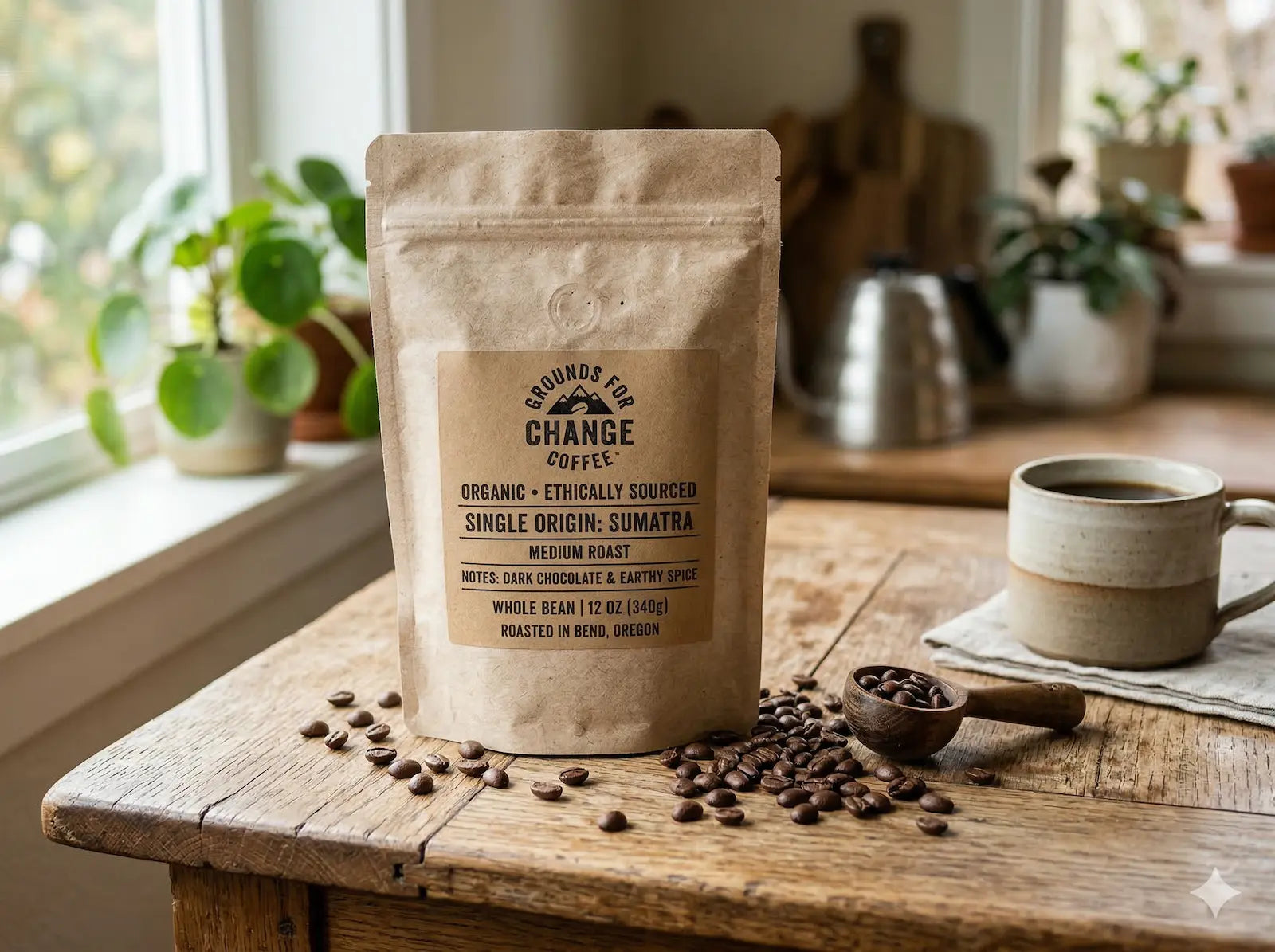 Custom brown kraft roll labels applied to an organic coffee pouch, highlighting eco-friendly recycled paper texture and earthy tones.