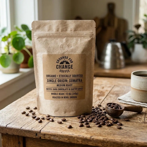 Custom brown kraft roll labels applied to an organic coffee pouch, highlighting eco-friendly recycled paper texture and earthy tones.