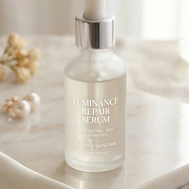 Custom clear BOPP roll labels on a frosted glass skincare serum bottle, featuring crisp solid white ink and a seamless no-label look.