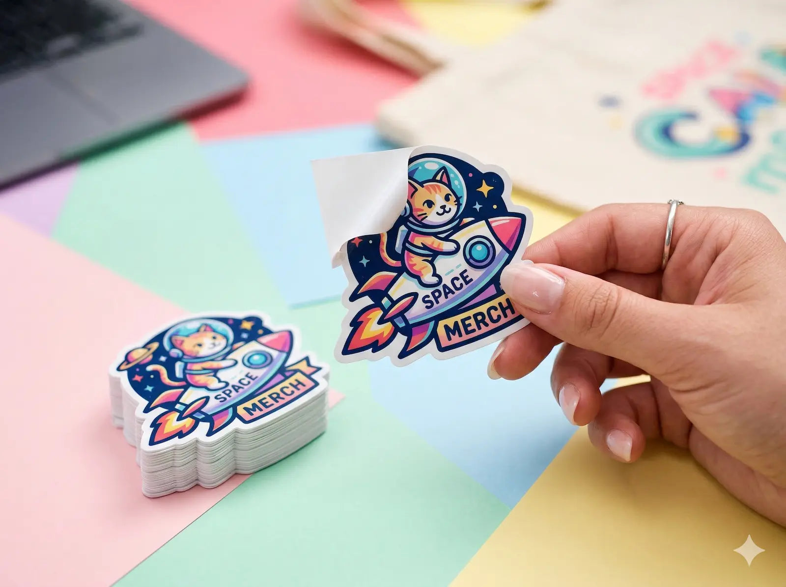 Custom die-cut white vinyl stickers cut perfectly to shape, stacked on a colorful background for promotional event swag.