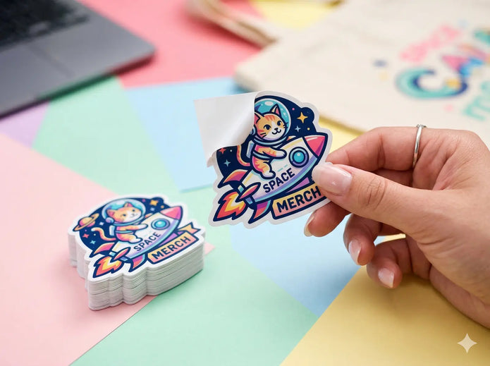 Custom die-cut white vinyl stickers cut perfectly to shape, stacked on a colorful background for promotional event swag.