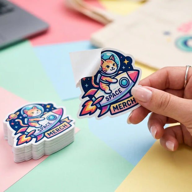 Custom die-cut white vinyl stickers cut perfectly to shape, stacked on a colorful background for promotional event swag.