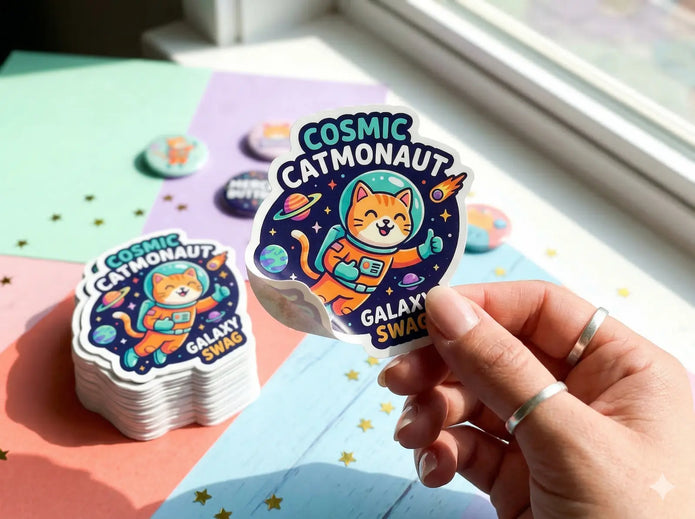 Custom die-cut white vinyl stickers cut perfectly to shape, stacked on a colorful background for promotional event swag.