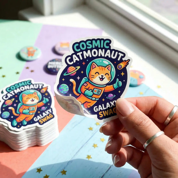 Custom die-cut white vinyl stickers cut perfectly to shape, stacked on a colorful background for promotional event swag.