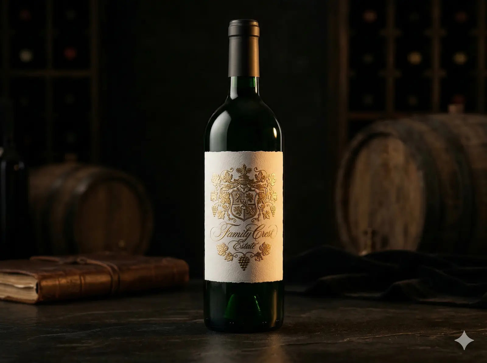 Luxury custom estate textured paper roll labels applied to a dark glass wine bottle, featuring intricate 3D embossed gold foil.