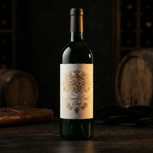 Luxury custom estate textured paper roll labels applied to a dark glass wine bottle, featuring intricate 3D embossed gold foil.