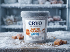 Custom freezer grade white BOPP roll labels applied to a frosted artisan ice cream pint, remaining perfectly adhered in sub-zero temperatures.