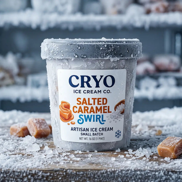 Custom freezer grade white BOPP roll labels applied to a frosted artisan ice cream pint, remaining perfectly adhered in sub-zero temperatures.