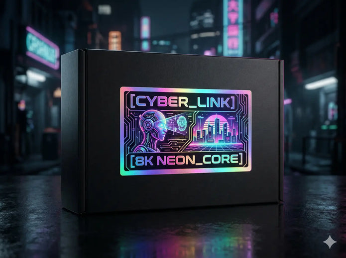 Custom holographic roll labels applied to a matte black packaging box, showcasing rainbow iridescent foil and premium manufacturing.