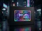 Custom holographic roll labels applied to a matte black packaging box, showcasing rainbow iridescent foil and premium manufacturing.