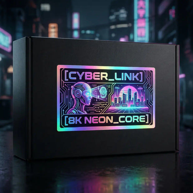 Custom holographic roll labels applied to a matte black packaging box, showcasing rainbow iridescent foil and premium manufacturing.