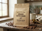 Custom kiss-cut brown kraft stickers featuring pure black ink printing on organic textured background.