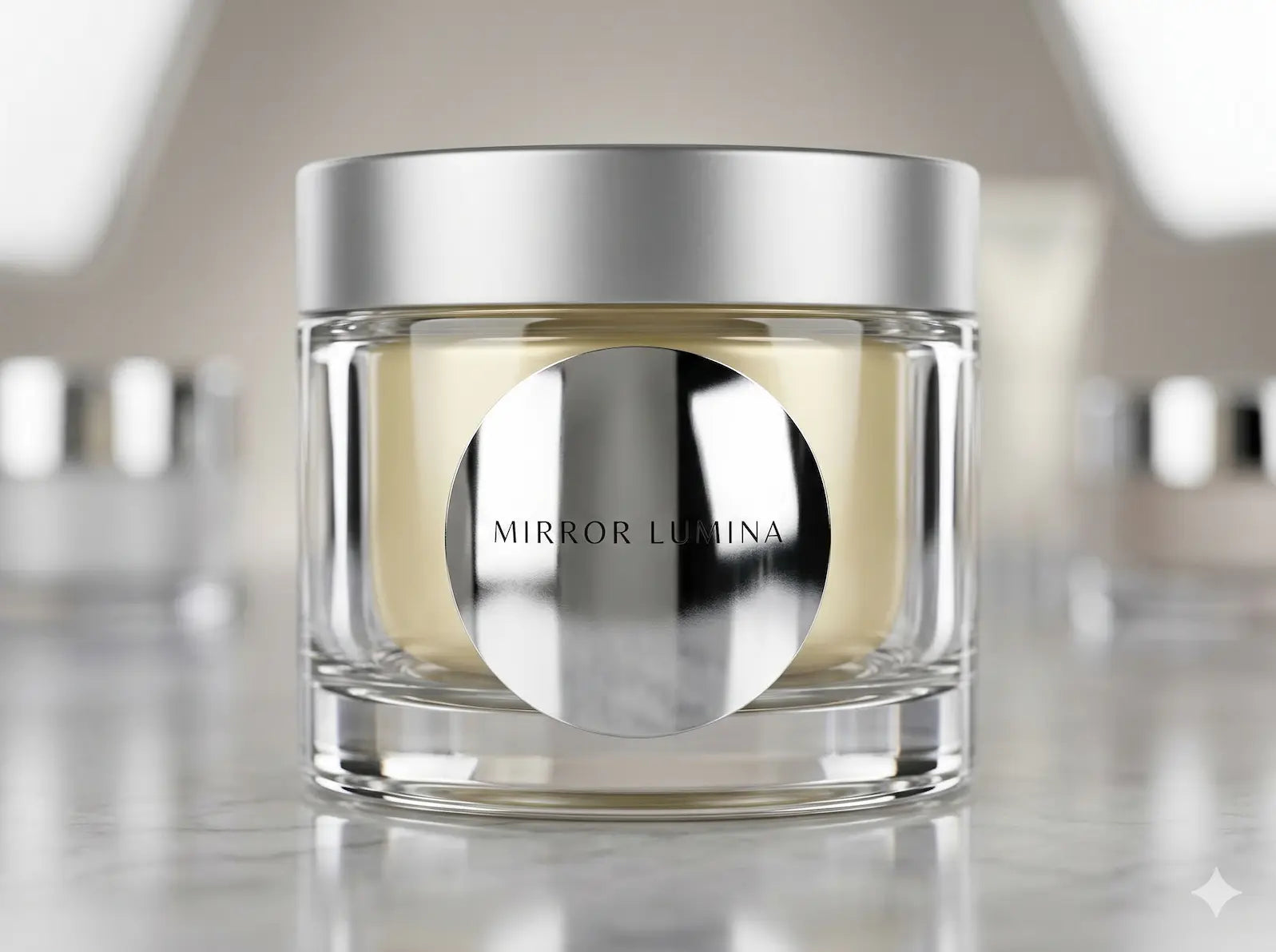 Custom kiss-cut mirror chrome stickers applied to a premium cosmetic jar, showcasing high-shine reflective metallic surfaces.