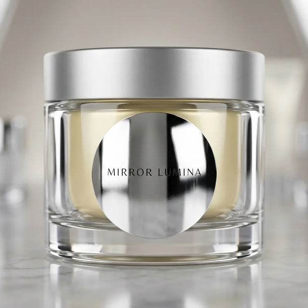 Custom kiss-cut mirror chrome stickers applied to a premium cosmetic jar, showcasing high-shine reflective metallic surfaces.
