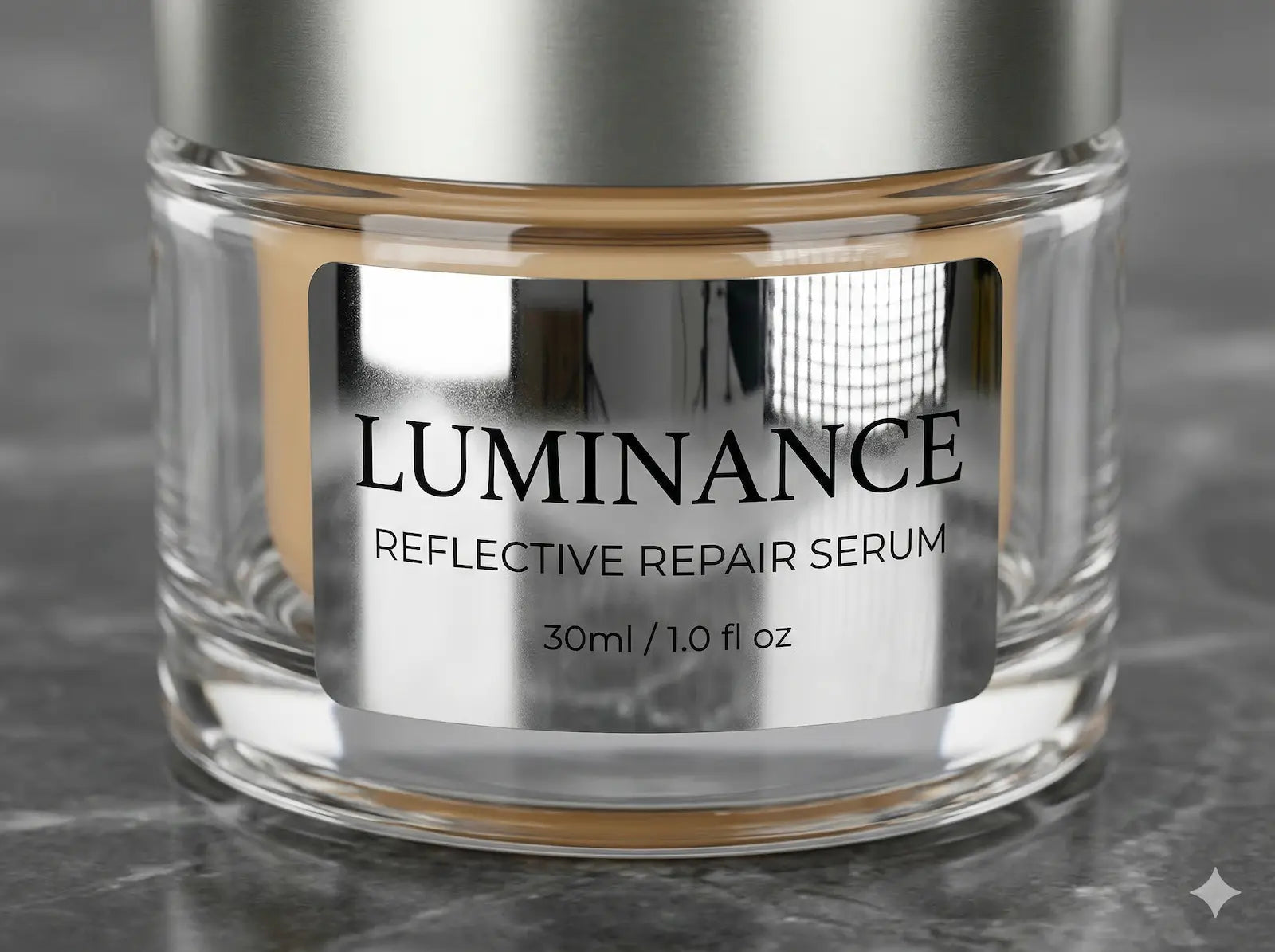 Custom kiss-cut mirror chrome stickers applied to a premium cosmetic jar, showcasing high-shine reflective metallic surfaces.