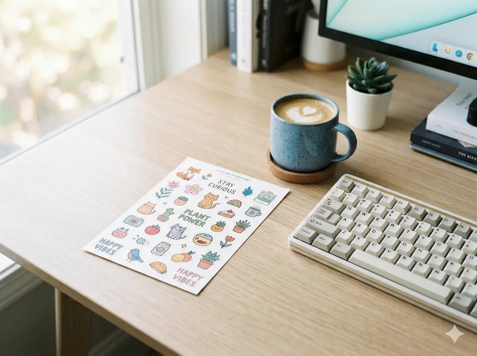 Custom kiss-cut white vinyl stickers featuring a square backing for easy peeling and durable waterproof material.