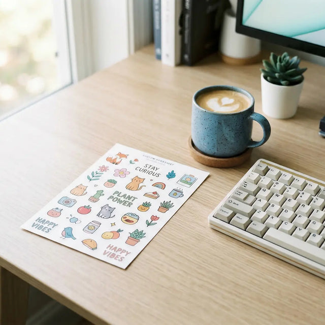 Custom kiss-cut white vinyl stickers featuring a square backing for easy peeling and durable waterproof material.
