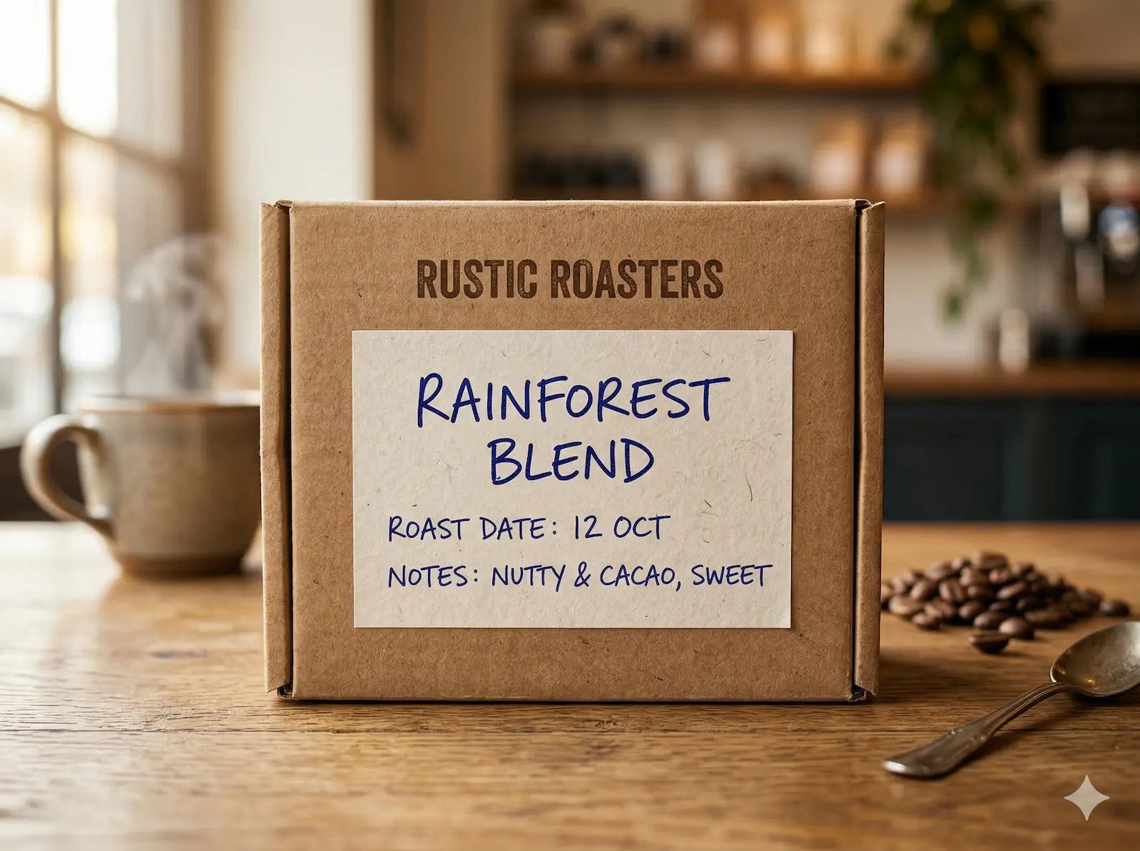 Custom writable matte paper roll labels applied to a rustic coffee box, featuring handwritten text in blue ink.