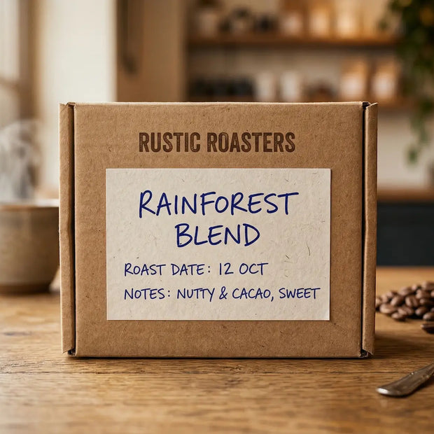 Custom writable matte paper roll labels applied to a rustic coffee box, featuring handwritten text in blue ink.