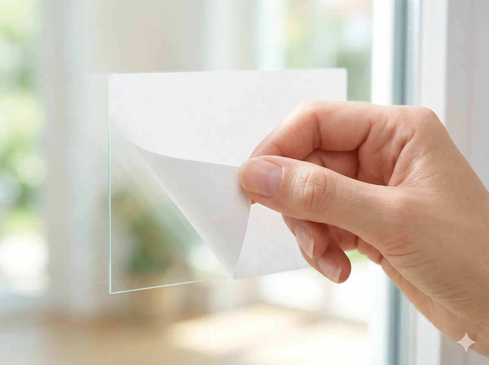 Custom removable white BOPP roll labels peeling cleanly off a glass window with absolutely no sticky residue left behind.