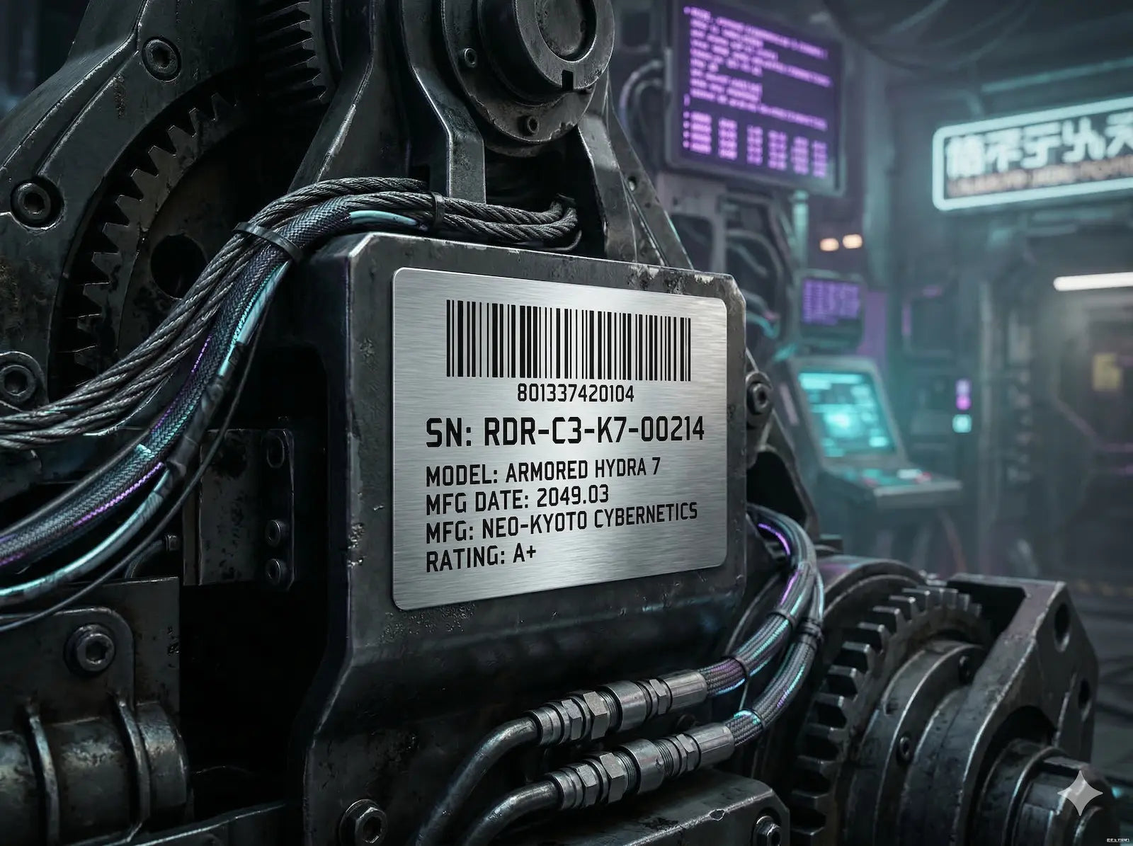 Custom silver metallic roll labels applied to heavy industrial machinery, highlighting brushed metal texture and crisp barcode printing.