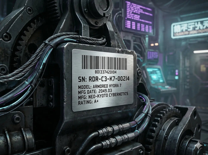Custom silver metallic roll labels applied to heavy industrial machinery, highlighting brushed metal texture and crisp barcode printing.