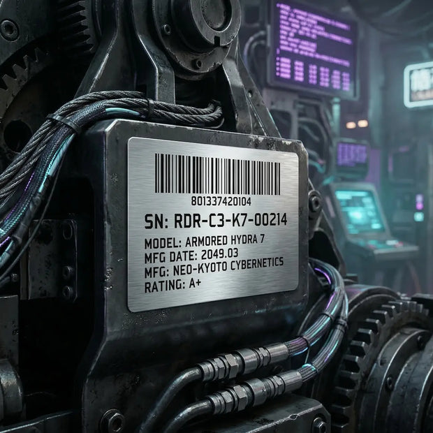 Custom silver metallic roll labels applied to heavy industrial machinery, highlighting brushed metal texture and crisp barcode printing.