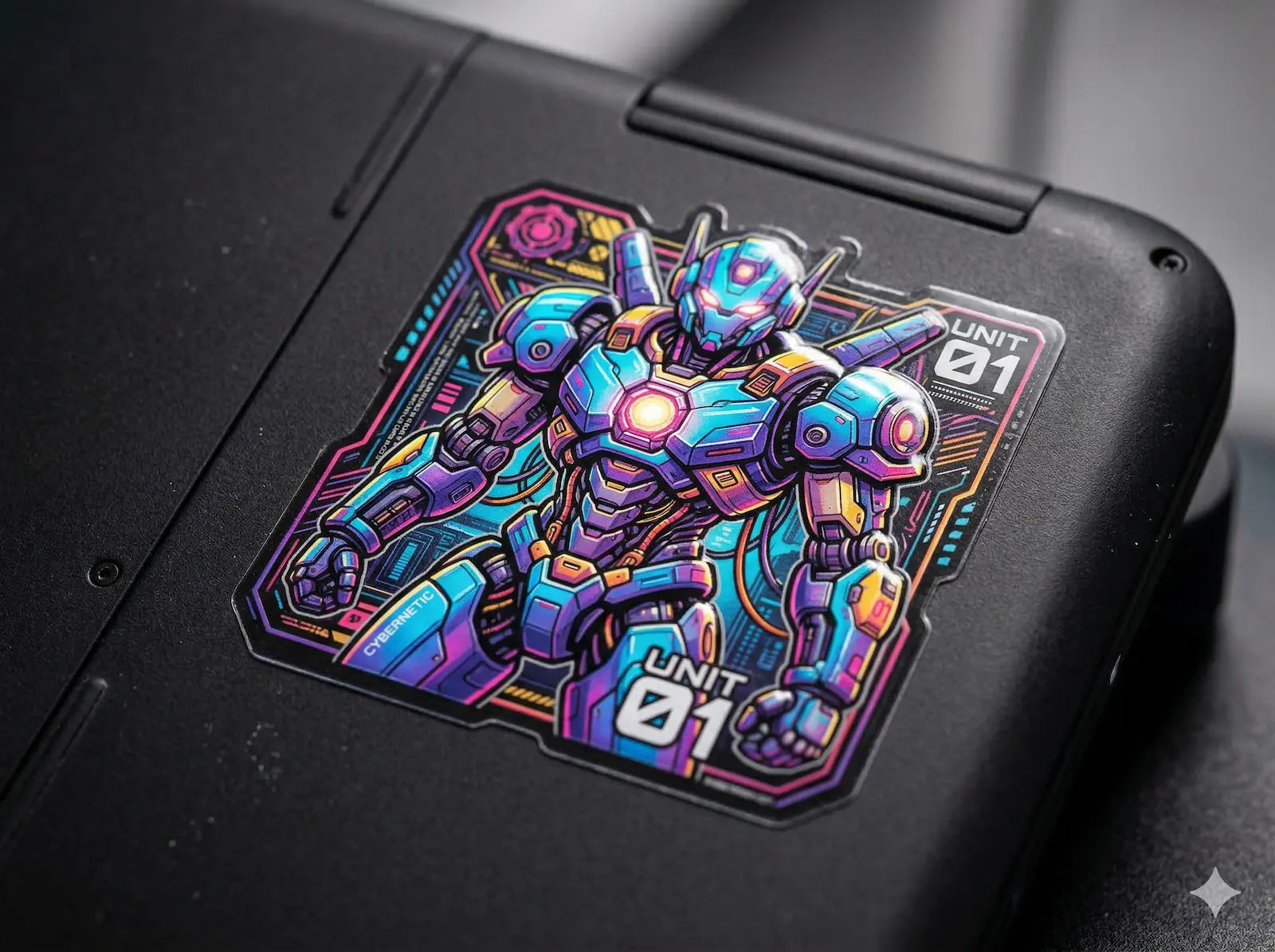 Custom UV DTF transfer sticker with 3D raised varnish featuring a vibrant cyberpunk mecha design, applied to a black laptop without heat.
