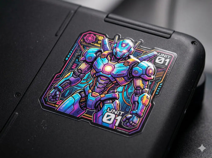 Custom UV DTF transfer sticker with 3D raised varnish featuring a vibrant cyberpunk mecha design, applied to a black laptop without heat.