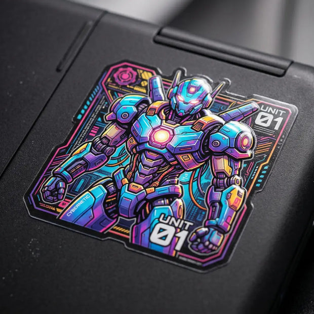 Custom UV DTF transfer sticker with 3D raised varnish featuring a vibrant cyberpunk mecha design, applied to a black laptop without heat.