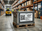 Custom variable data stickers with sequential numbering and scannable QR codes applied to an industrial shipping crate.