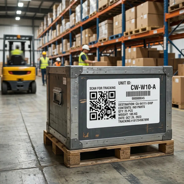 Custom variable data stickers with sequential numbering and scannable QR codes applied to an industrial shipping crate.
