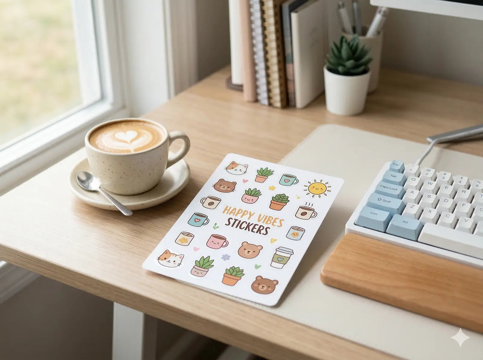 Custom white vinyl sticker sheets resting on a modern desk, featuring colorful kiss-cut illustrations for retail and artists.