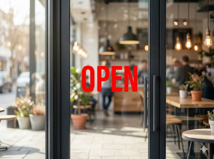 Double sided UV decal applied to a glass cafe door, showing a vibrant red OPEN sign that is 100% opaque with a 5-layer blockout printing technology.