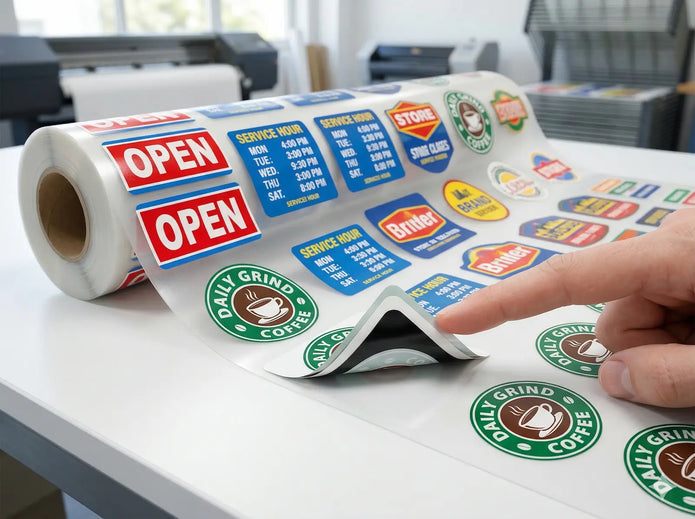 Double sided UV DTF decals gang sheet roll on a white surface, showcasing multiple 5-layer blockout window stickers printed on a transparent transfer film with a glossy finish, demonstrating 100% opacity.