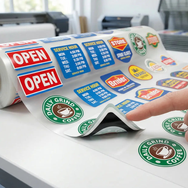 Double sided UV DTF decals gang sheet roll on a white surface, showcasing multiple 5-layer blockout window stickers printed on a transparent transfer film with a glossy finish, demonstrating 100% opacity.