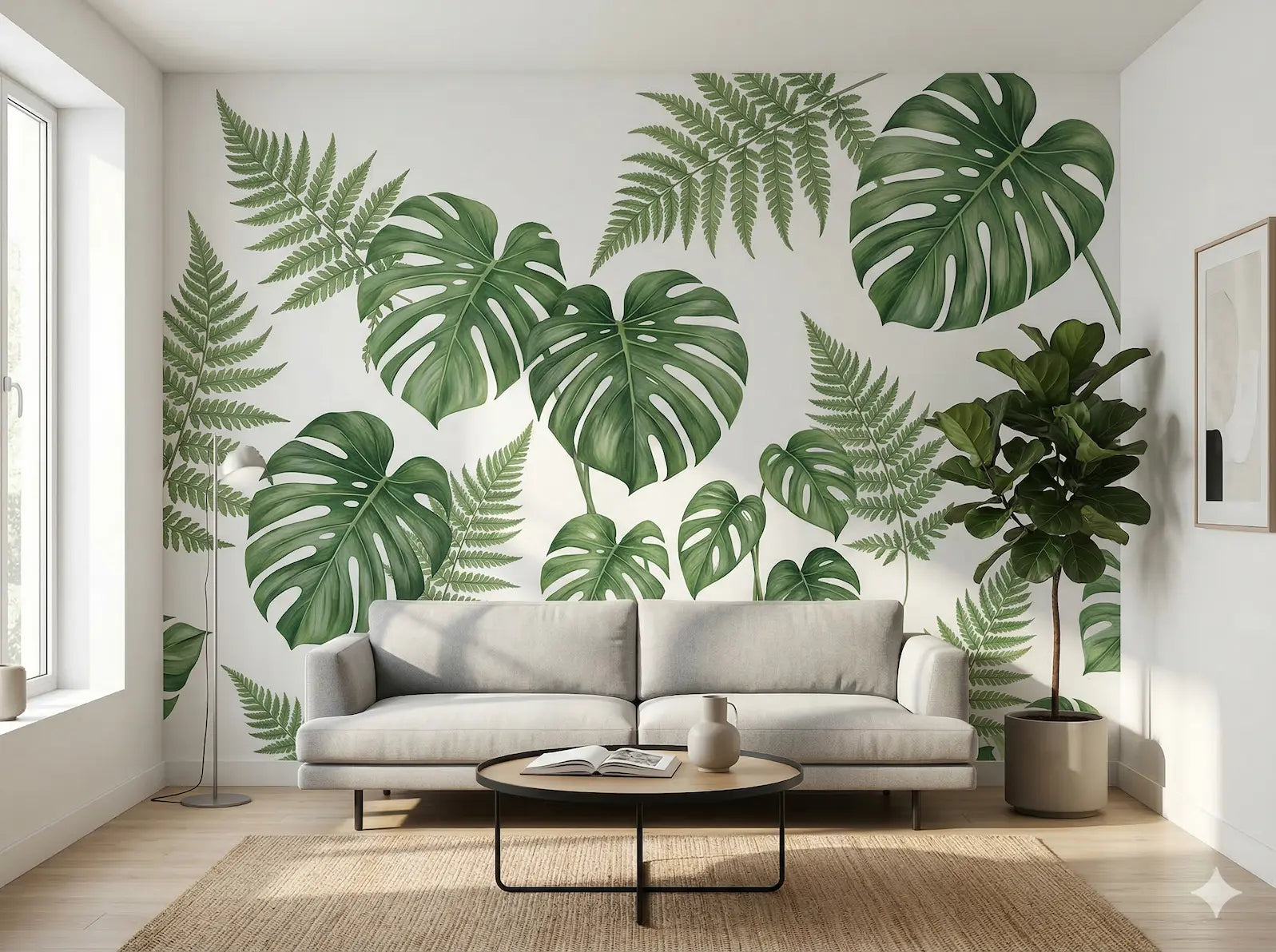 Large seamless UV wall art transfer featuring tropical monstera leaves applied directly to a living room drywall without visible plastic edges.