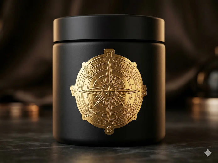 Premium metallic gold foil UV DTF transfer sticker applied to a cosmetics jar, highlighting 0.2mm extreme precision lines and shiny 3D embossed texture.