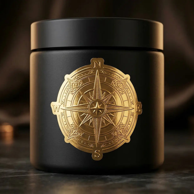 Premium metallic gold foil UV DTF transfer sticker applied to a cosmetics jar, highlighting 0.2mm extreme precision lines and shiny 3D embossed texture.