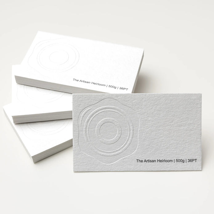 Close-up detail of The Artisan Heirloom texture on OTTORON BC02 bespoke business card highlighting Blind Deboss.