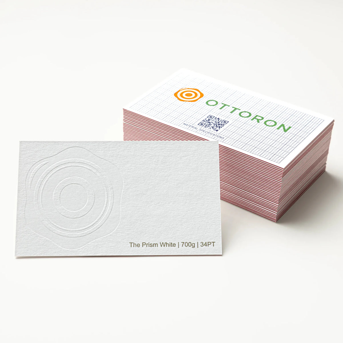 Macro photography of Gold Ink Print applied on OTTORON BC03 The Prism White custom stationery.