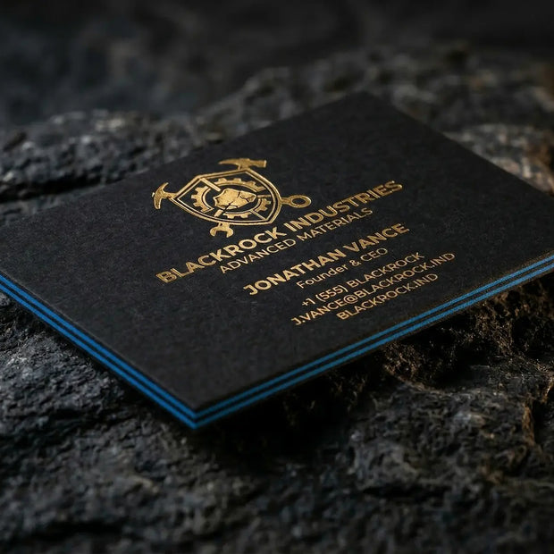 OTTORON BC04 The Prism Noir - Custom 700g Black with Colored Core luxury business card featuring industrial precision, Black Foil Stamped finish, and premium tactile details.