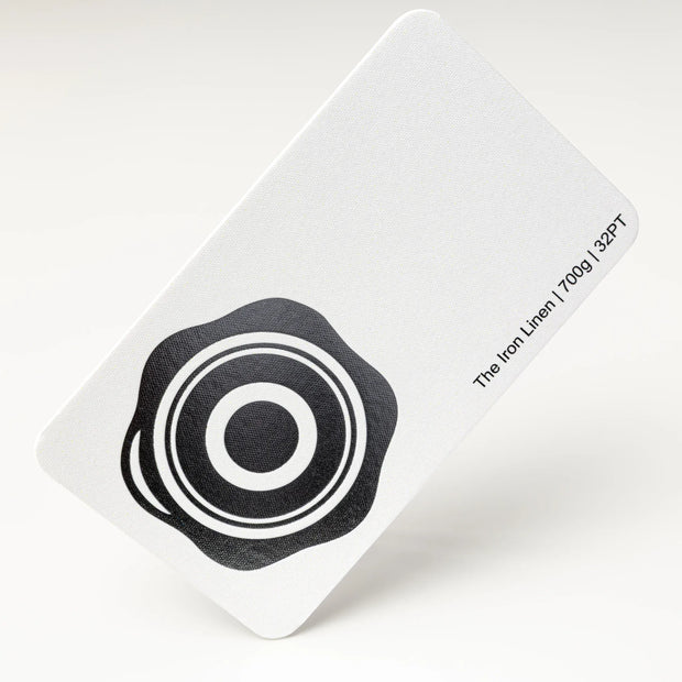 OTTORON BC07 The Iron Linen 700g Luxury Business Card, featuring Bright Silver Foil, Round Corners, front perspective view.