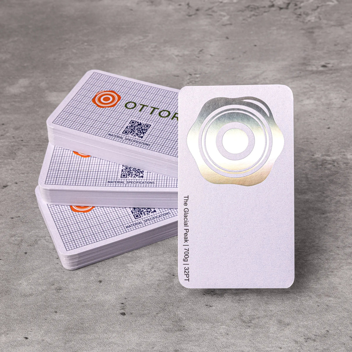 OTTORON BC09 The Glacial Peak 700g Luxury Business Card, featuring Holographic Silver Foil, Round Corners, front perspective view.