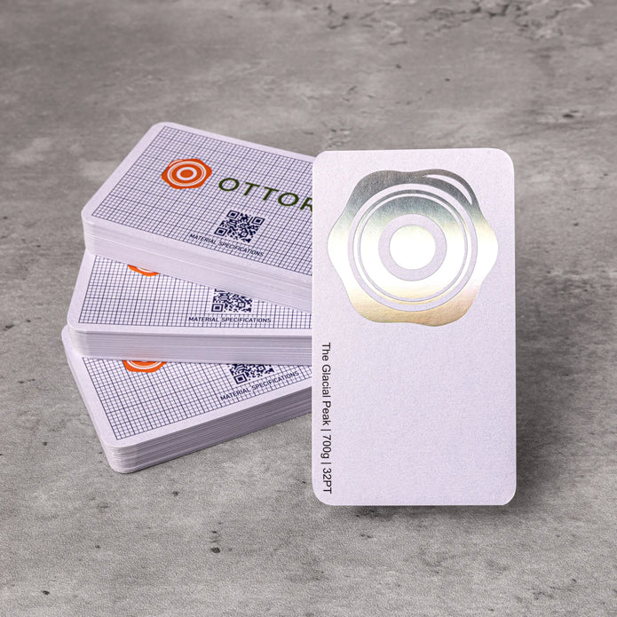 OTTORON BC09 The Glacial Peak 700g Luxury Business Card, featuring Holographic Silver Foil, Round Corners, front perspective view.