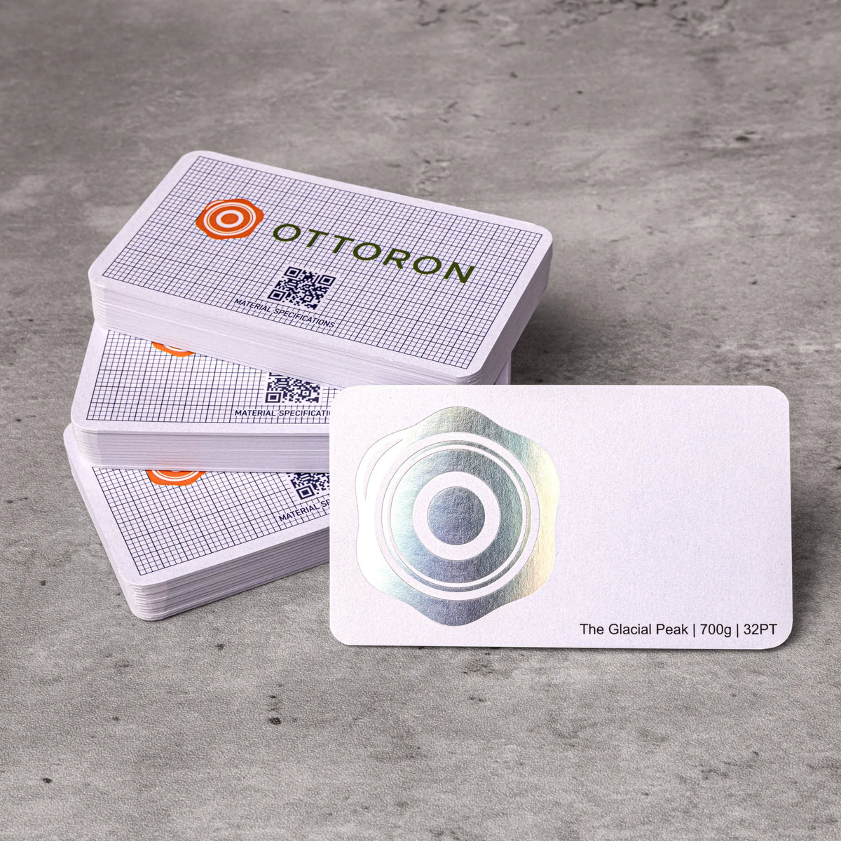 Close-up detail of The Glacial Peak texture on OTTORON BC09 bespoke business card highlighting Holographic Silver Foil.