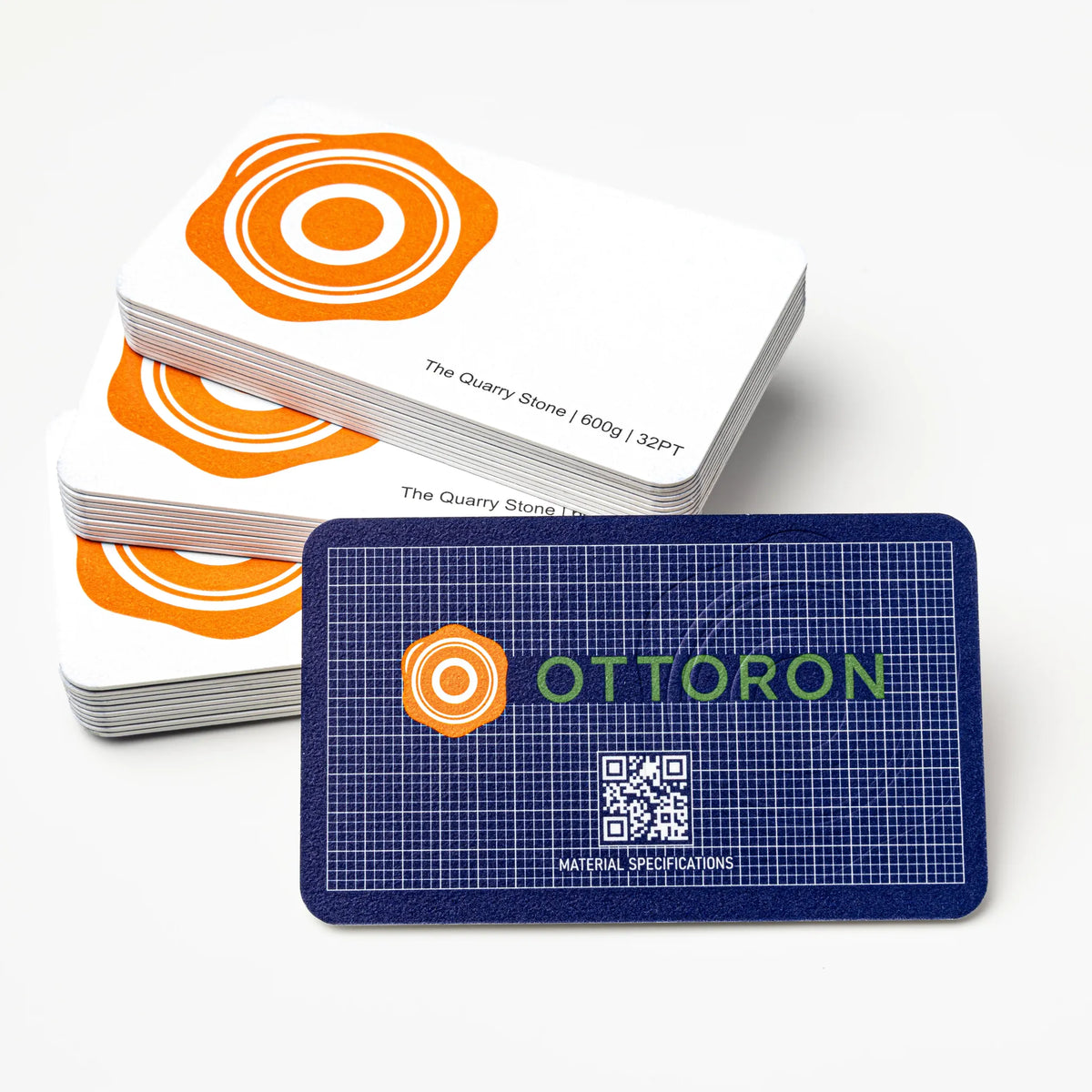 Close-up detail of The Quarry Stone texture on OTTORON BC10 bespoke business card highlighting Round Corners.