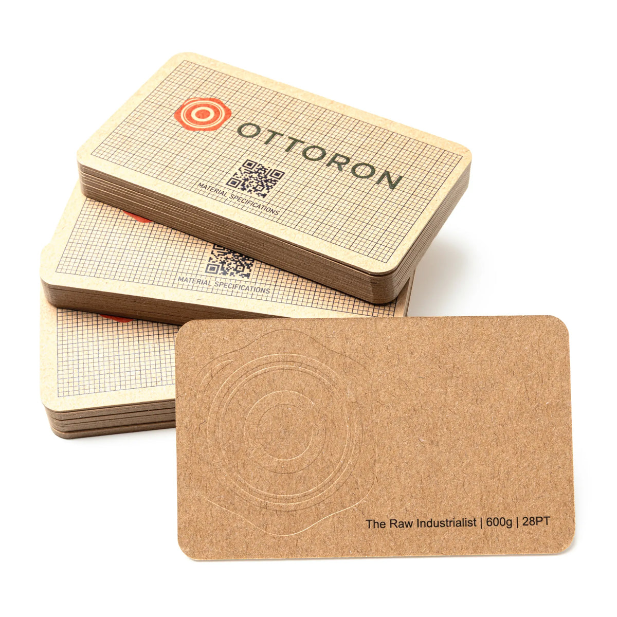 Stack of OTTORON BC11 premium 600g corporate business cards showcasing Blind Deboss, Round Corners.