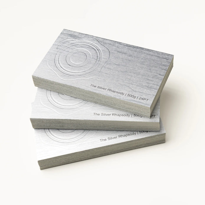 Professional executive desk setting featuring the OTTORON BC14 bespoke The Silver Rhapsody business card.