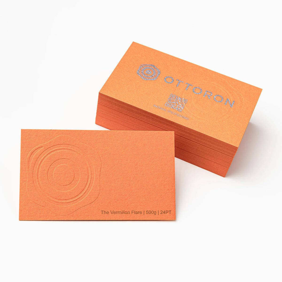 Stack of OTTORON BC15 premium 500g corporate business cards showcasing Gold Ink Print, Silver Ink Print, Blind Emboss.